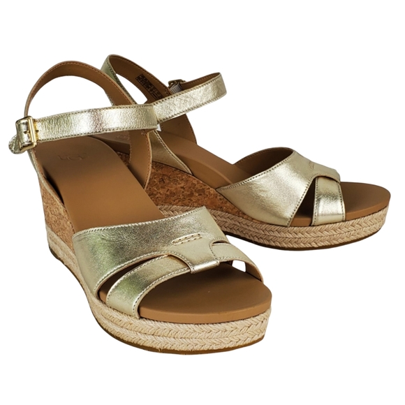 [REPOSH] New Ugg womens cloverdale metallic leather gold wedge sandals - Picture 5 of 14